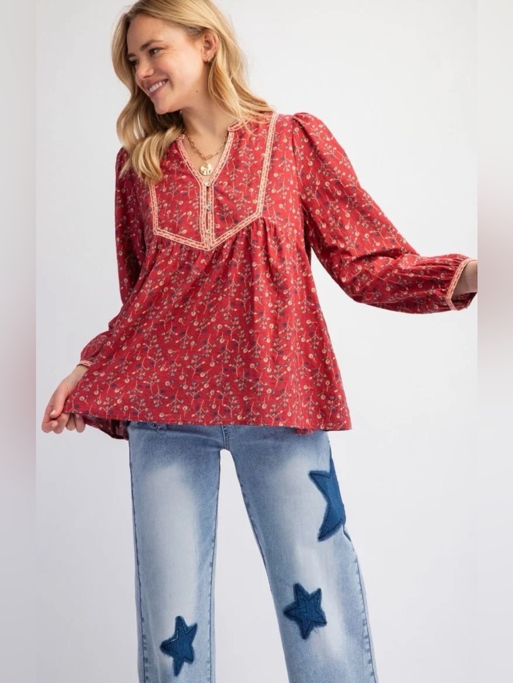 Boho Red Floral Flowy Babydoll Top- Medium- Peasant Cottagecore Earthy Whimsical